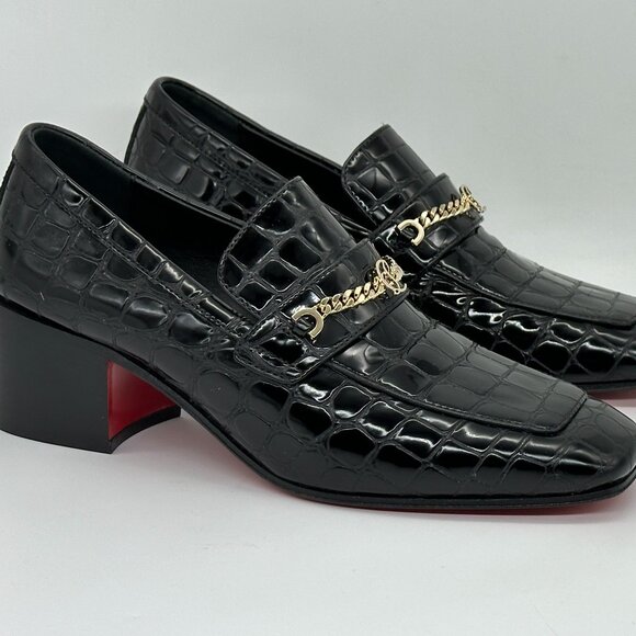 Christian Louboutin MJ MOC 50 Croc Leather Heeled Loafers Shoes Chain CL - Picture 9 of 16